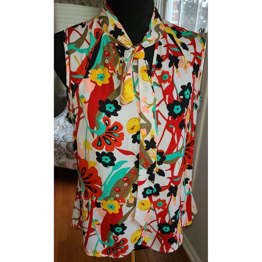 New York & Company Asymmetrical Graphic Sleeveless‎ Blouse Medium Career